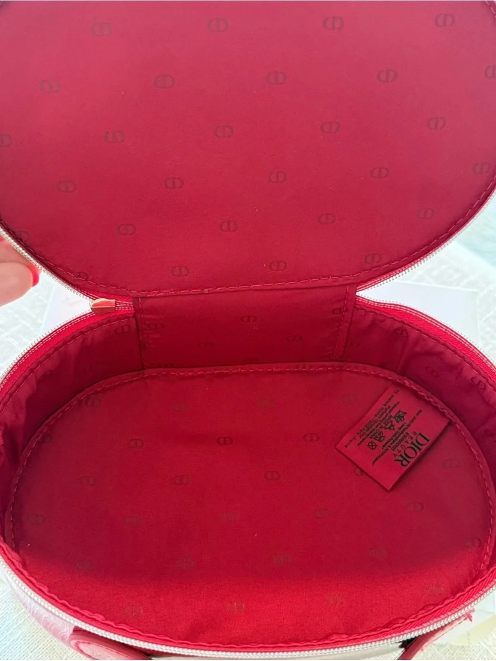 Dior Red Embossed Oval Top-Handle Cosmetic Case